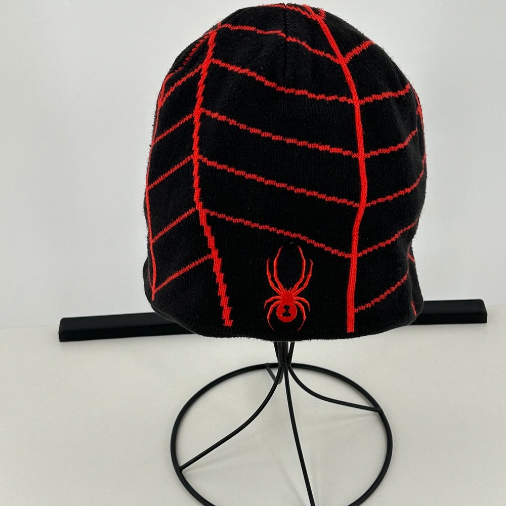 Spyder Mens Black Red Spiderweb Knit Beanie Hat Fleece Lined One Size Skier Logo